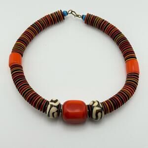 Bold African 20" Disc Necklace with Fire Orange Beads and Tribal Accents